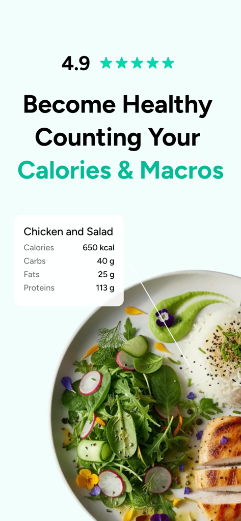 AI Calorie Counter by EatMeter - Interfaz de la aplicación Contador de Calorías IA mostrando el registro de calorías y macros para una comida saludable de pollo y ensalada
