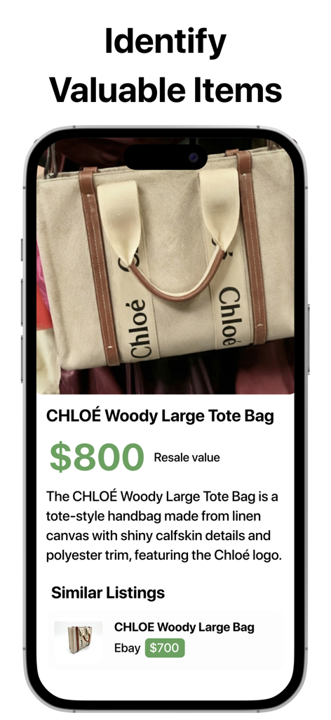 Resell AI - Resell AIアプリ画面に、800ドルの推定再販価値を持つクロエの高級トートバッグの識別が表示されている