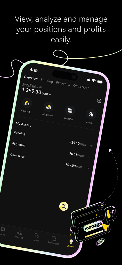 ApeX Protocol mobile app displaying a cryptocurrency asset dashboard with total equity and account balances