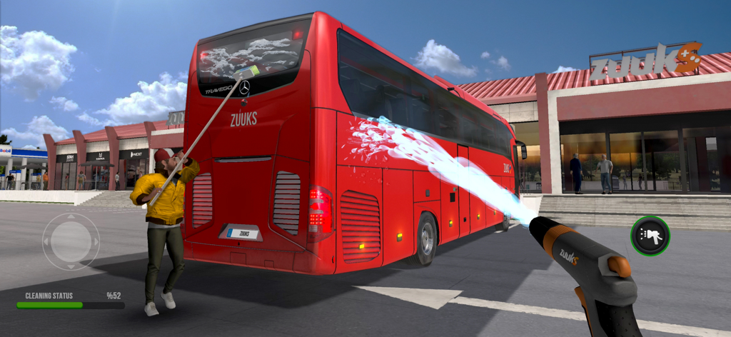 A first-person view of washing a red bus in the Bus Simulator Ultimate mobile game.