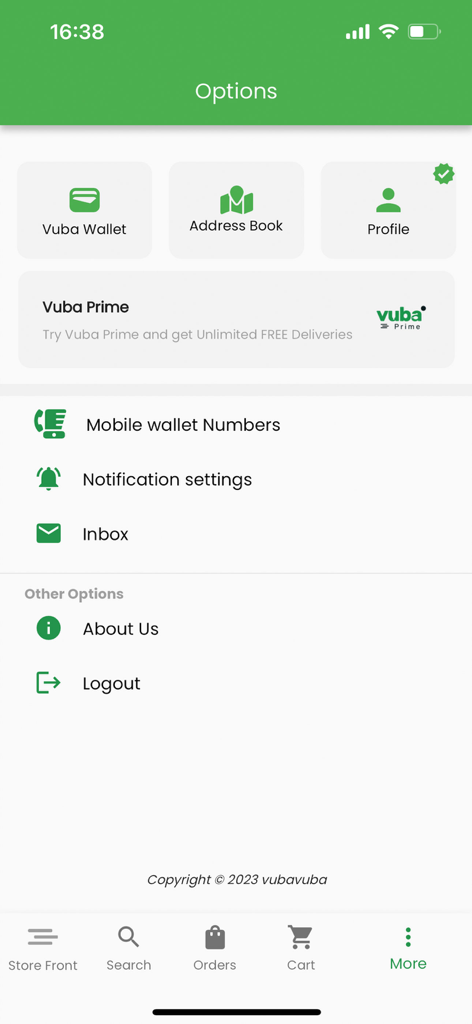 Vuba Vuba - Vuba Vuba app options screen showing account wallet and notification settings