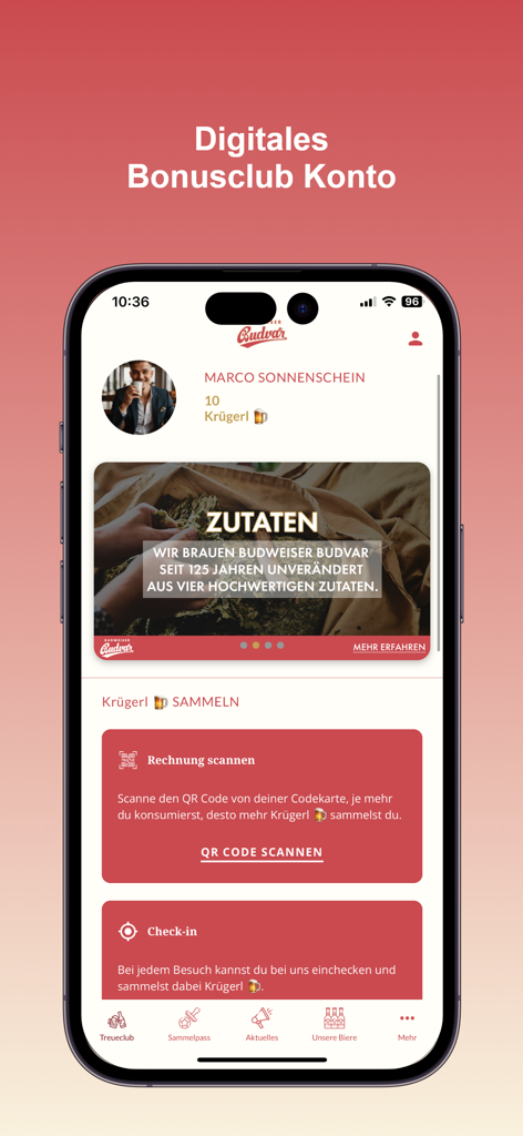 Main screen of the Budweiser Budvar loyalty app showing bonus points and receipt scanning