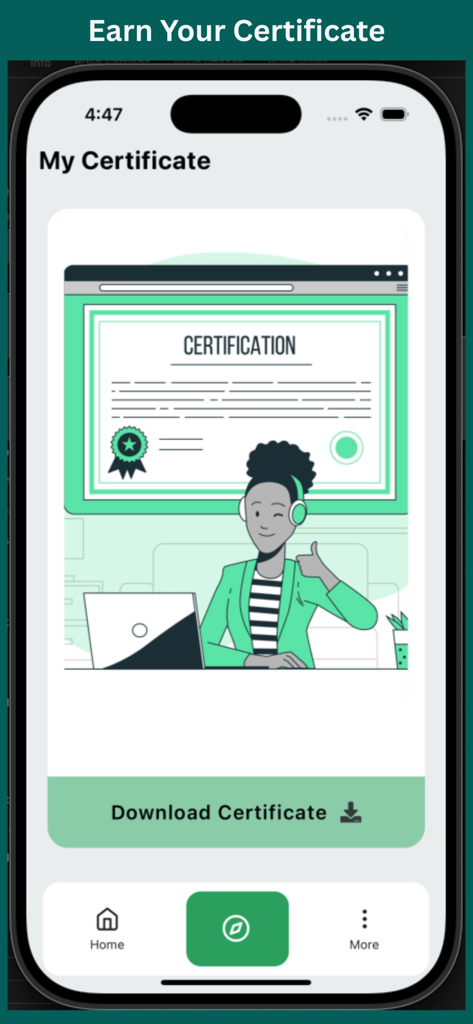 PakSoftSkills - PakSoftSkillsモバイルアプリのインターフェース、プロフェッショナルなイラストが表示されている証明書ダウンロードページが表示されています