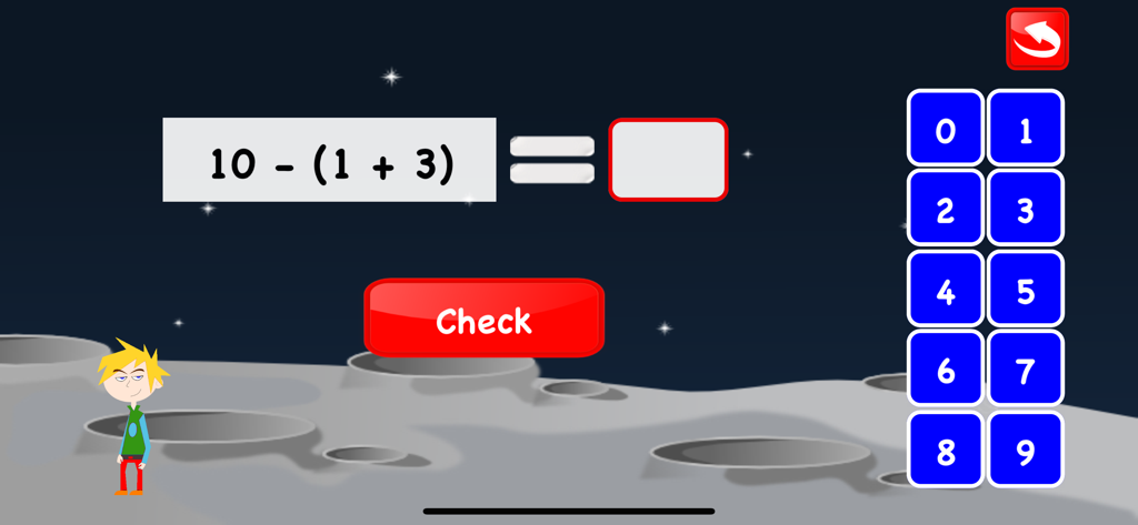 Fourth Grade Math Games Kids - A fourth grade math game screen showing an equation with parentheses on a moon background with a numeric keypad and check button