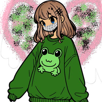 girl wearing frogging sweatshirt