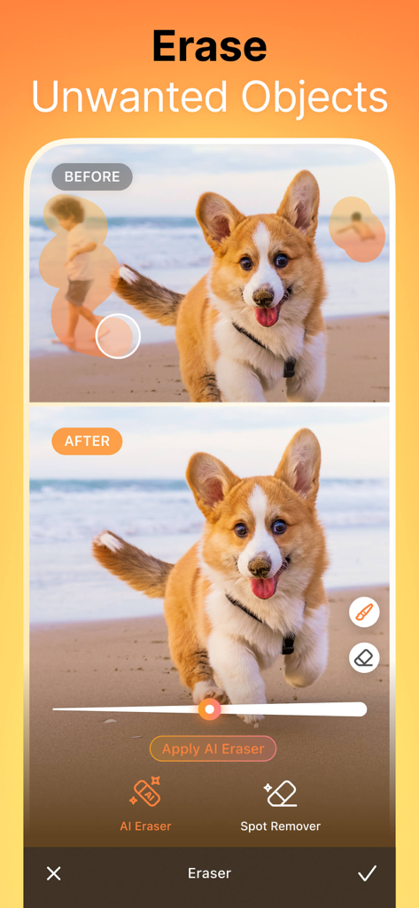 해변에서 개 사진의 배경에서 사람들을 제거하는 AI 지우개 도구를 보여주는 Airbrush 앱 시연