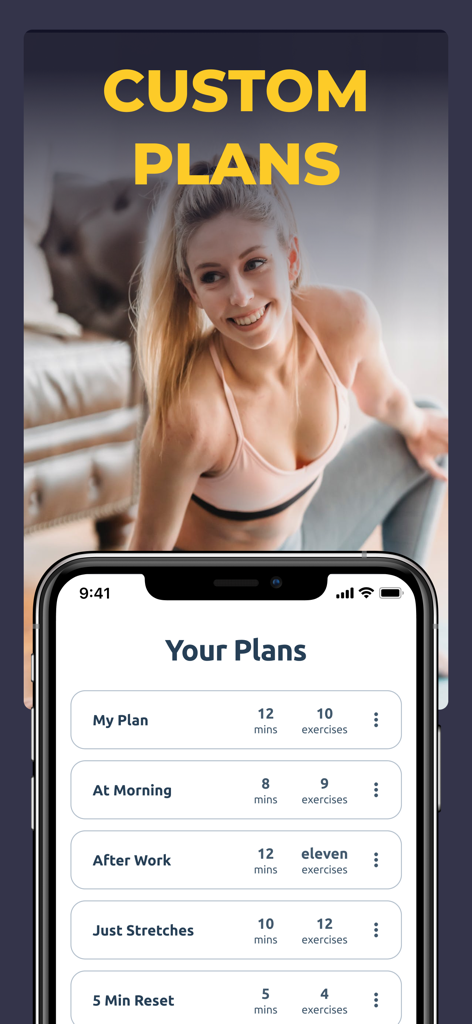 Perfect Abs: Six Pack Workouts - Smartphone screen showing personalized workout routines with a woman exercising in the background