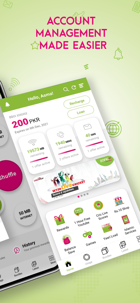 My-Zong app home screen showing account balance data usage and service shortcuts