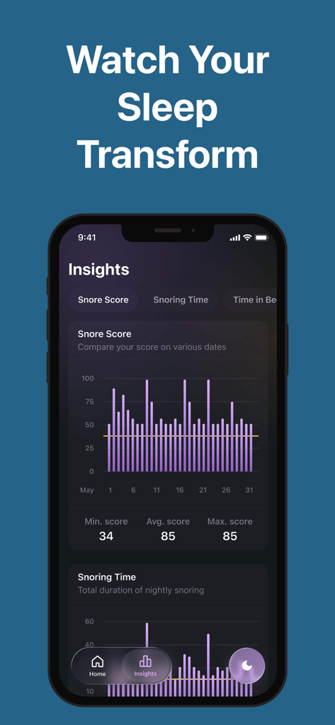 Snore Tracker - Record Snoring - SnoreAI app insights screen displaying monthly snore score and snoring time charts