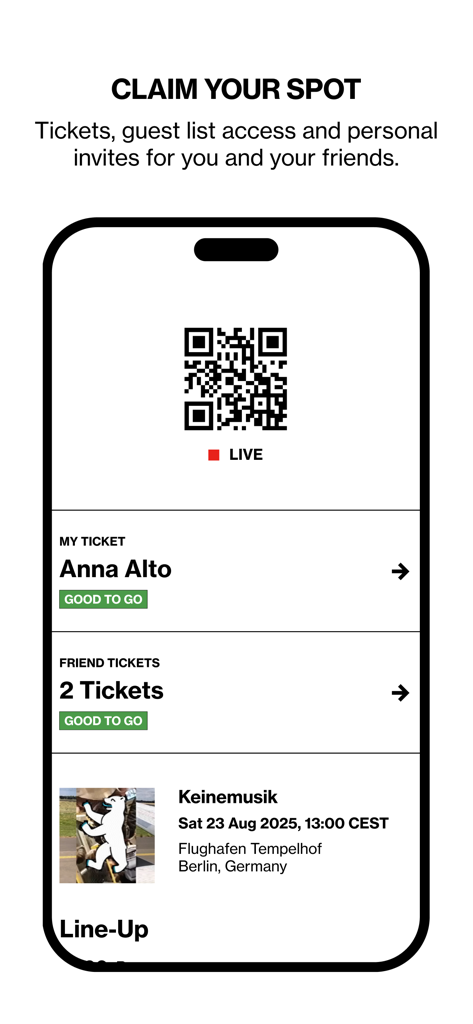 FAMFAM mobile app screen displaying digital tickets and a QR code for a music event