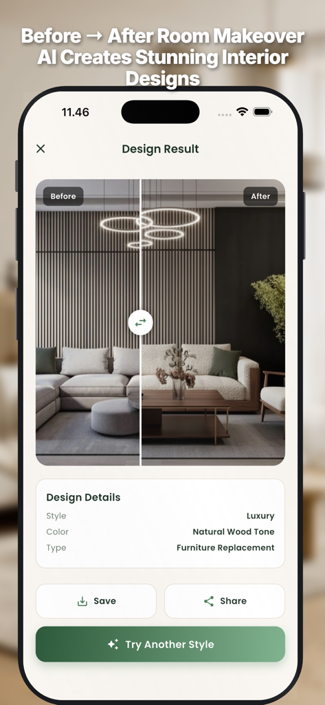 AI Room Design : Home Interior - Before and after split screen comparison of a luxury living room interior design makeover using AI furniture replacement