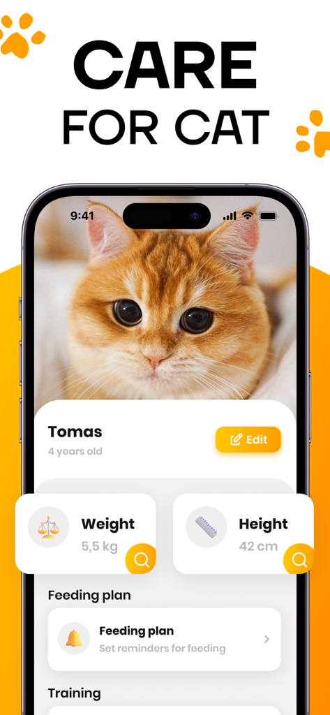 Uma interface de aplicativo de cuidados com gatos para celular mostrando um perfil de animal de estimação com configurações de peso, altura e plano de alimentação.