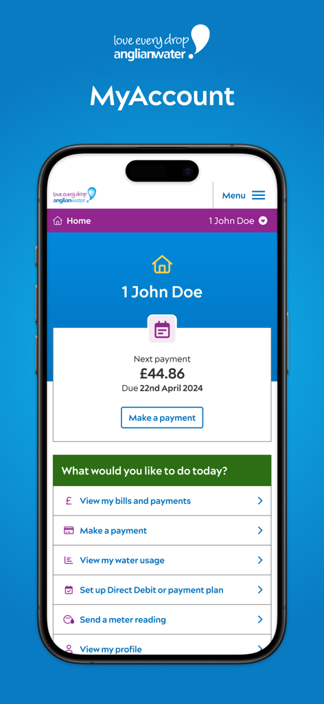 Anglian Water MyAccount - Home screen of the Anglian Water MyAccount app showing account balance and utility management menu