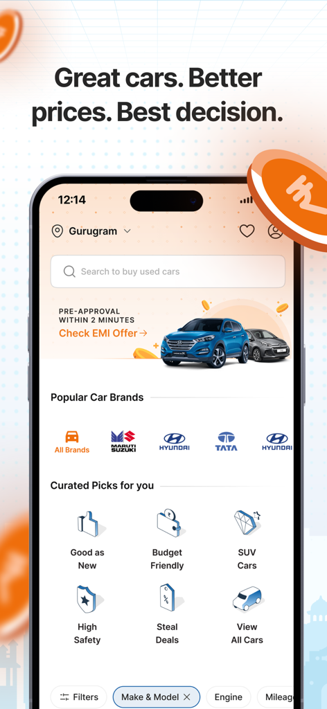 CARS24 mobile app home screen showing used car search, popular brands, and curated categories like SUV and budget-friendly cars.