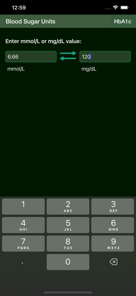 Interface of the Blood Sugar Unit Converter app showing conversion between mmol/L and mg/dL units