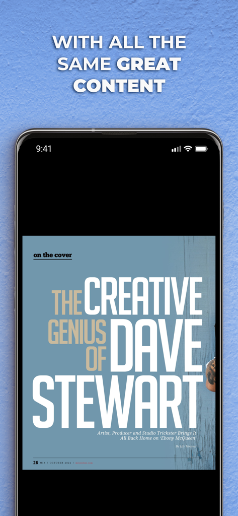 Mix Magazine app displaying a feature article on Dave Stewart