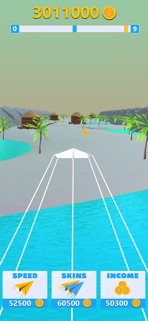 Fly Paper Plane Game - Un avión de papel blanco volando sobre un entorno de playa tropical con opciones de mejora de velocidad y skins.