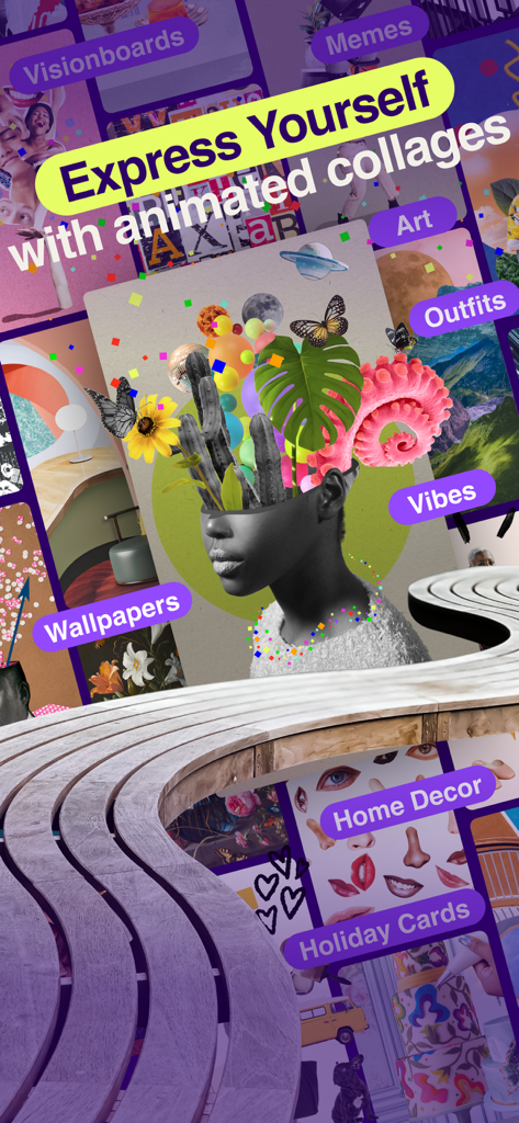 Shuffles von Pinterest App-Oberfläche mit verschiedenen künstlerischen Collage-Kategorien wie Visionboards und Outfits mit einem zentralen surrealen animierten Porträt