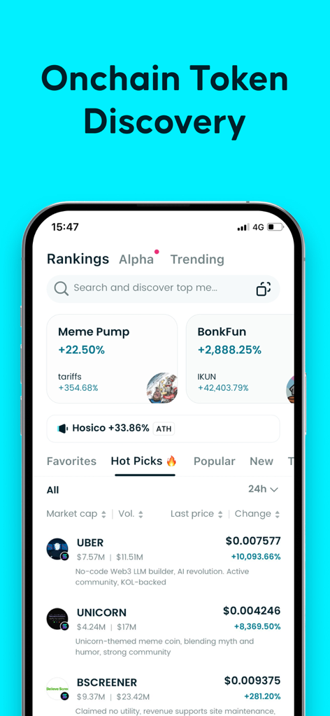 Schermata dell'app Bitget Wallet che mostra le classifiche dei token on-chain e la scoperta per segnali di trading alpha