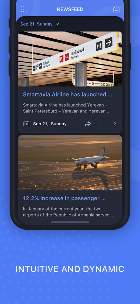 Zvartnots Airport - Newsfeed screen of the Zvartnots Airport app showing airline announcements and passenger statistics