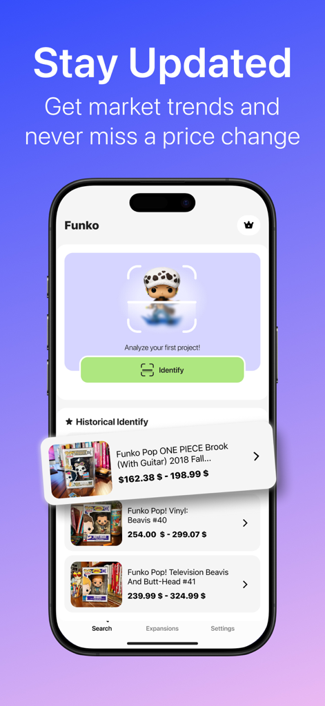 Interfaz de la aplicación Funko Pop price scanner que muestra tendencias de mercado y valores históricos de coleccionables