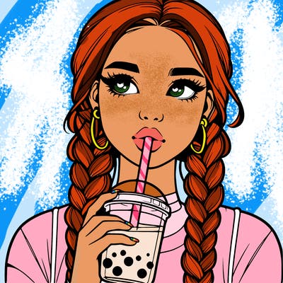 realistic girl with braided hair drinking boba