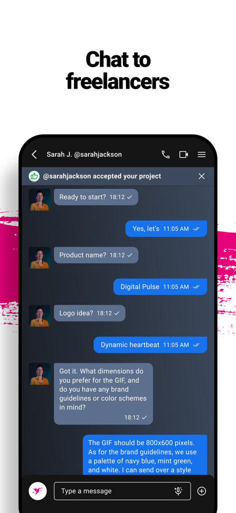Freelancer - Hire & Find Jobs - Pantalla de mensajería de la aplicación móvil Freelancer que muestra a un cliente y un freelancer discutiendo los detalles del proyecto y las pautas de la marca