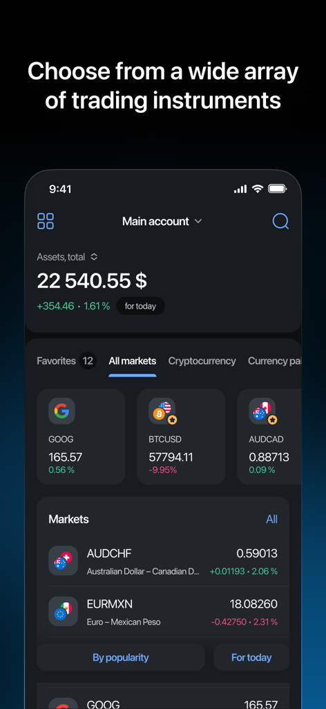 LiteFinance app dashboard showing a variety of trading instruments including stocks, cryptocurrencies, and forex pairs.