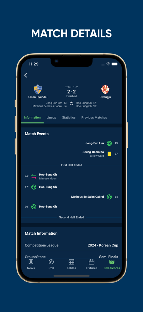Tela de detalhes da partida do aplicativo Fut360 mostrando placares e eventos ao vivo para a Korean Cup