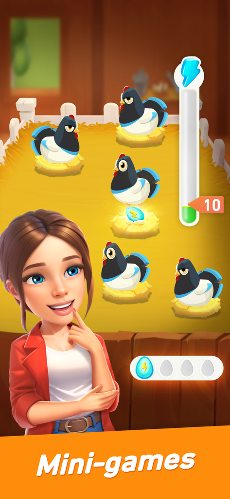 Goodville: Farm Game Adventure - A woman thinking while looking at a chicken mini game in the Goodville app