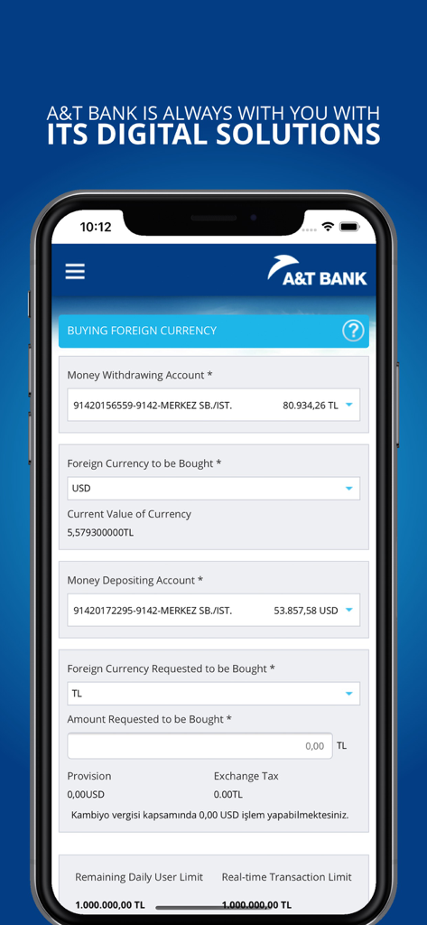 A&T Bank Mobile - A and T Bank Mobile app screen showing the foreign currency purchase interface