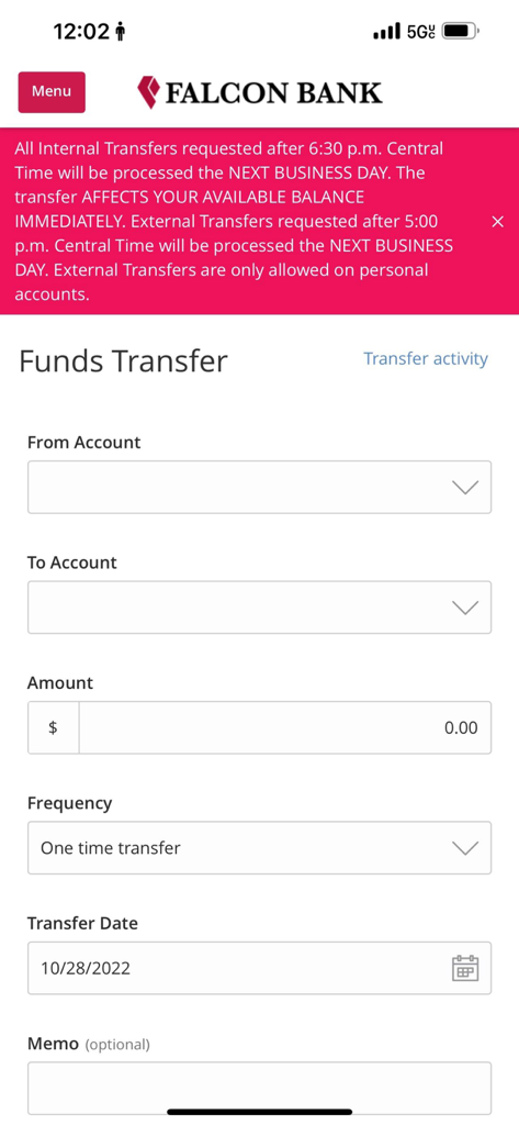 Falcon Bank mobile app interface for transferring funds between accounts