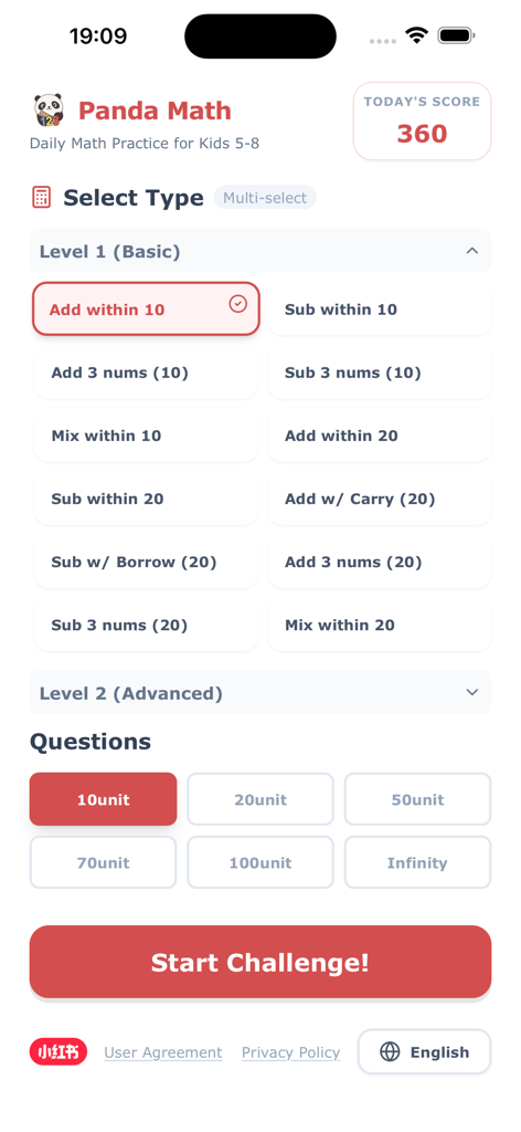 Panda Learn Math - Panda Math app screen showing addition and subtraction level selection for kids age five to eight.