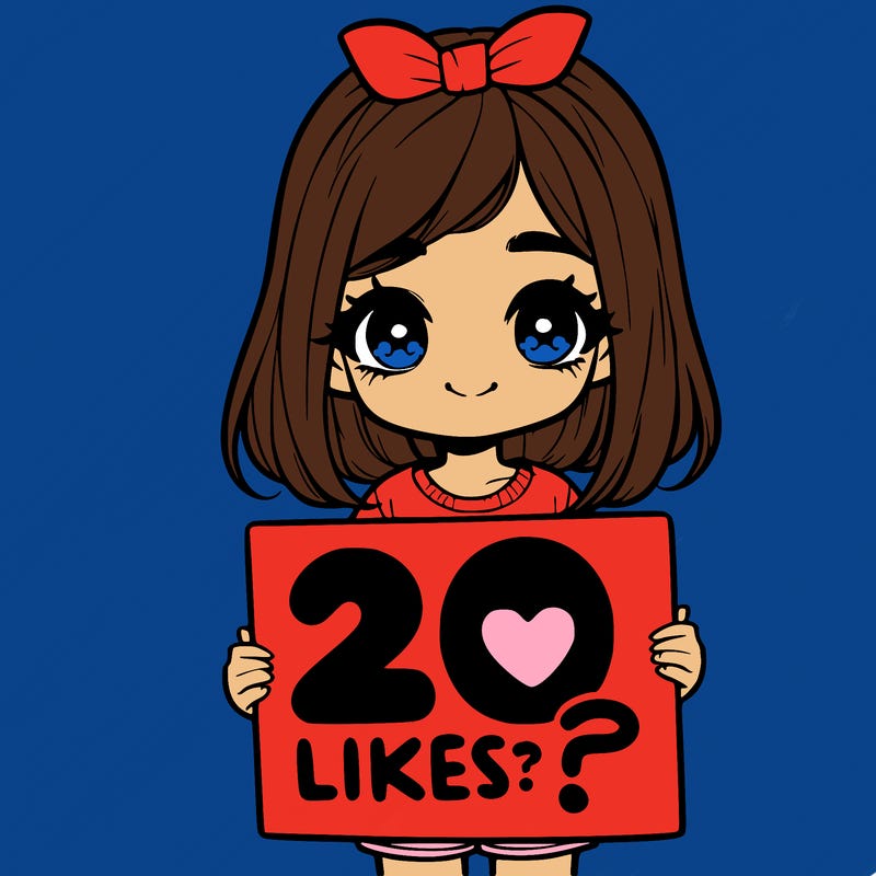 cute realistic girl holding a sign that says 20 likes?