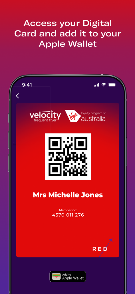 Tarjeta de membresía digital de Velocity Frequent Flyer con código QR y botón Añadir a Apple Wallet.