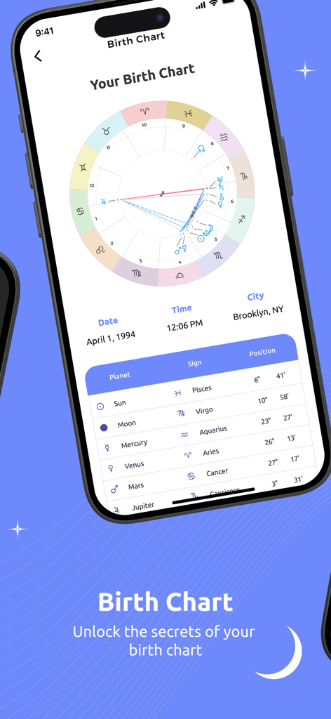 Astrology Plus - Uma interface móvel do aplicativo Astrology Plus mostrando um mapa astral natal detalhado com uma roda zodiacal e posições planetárias.