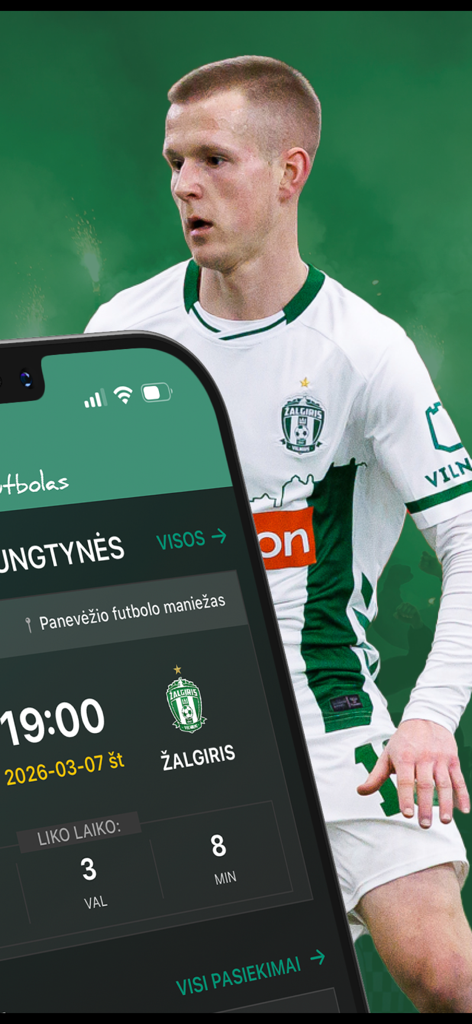 FK Žalgiris - Application mobile FK Zalgiris montrant le calendrier des matchs et le compte à rebours avec un joueur en arrière-plan