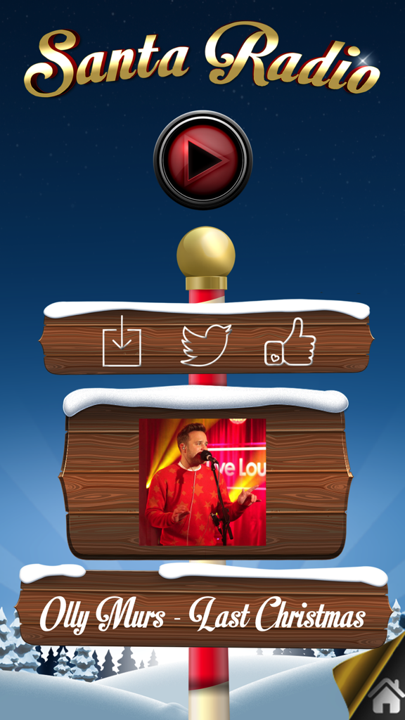 Santa Radio interface featuring a play button and Olly Murs Last Christmas on a wooden signpost