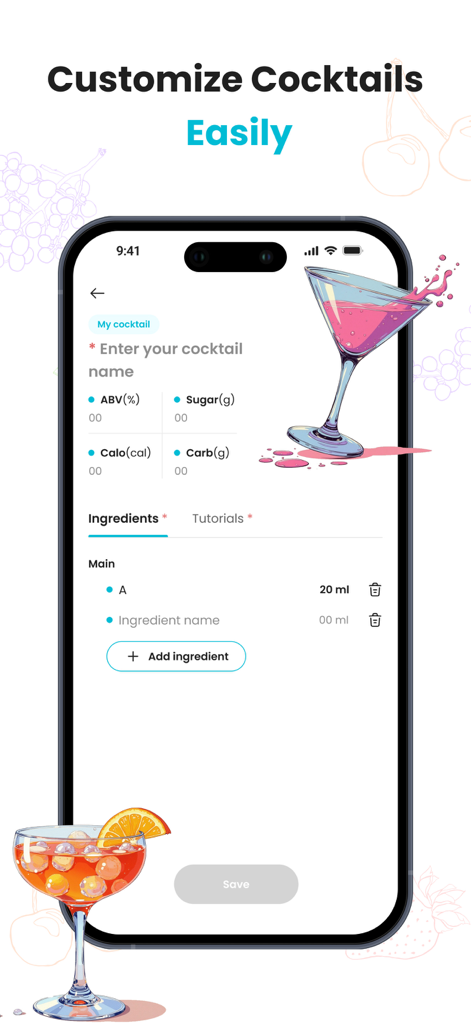 Cocktail Recipes & Mixology - Interface de uma aplicação de cocktail mostrando como personalizar receitas e rastrear ingredientes.