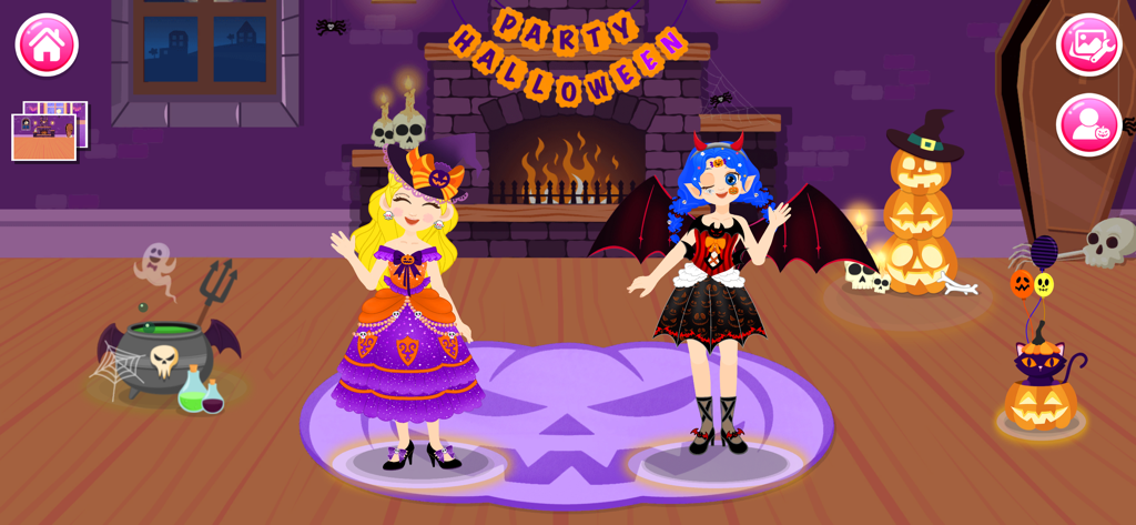 Lucy: Makeup and Dress up - Dos personajes vestidos con coloridos trajes de bruja y diablo para una fiesta de Halloween