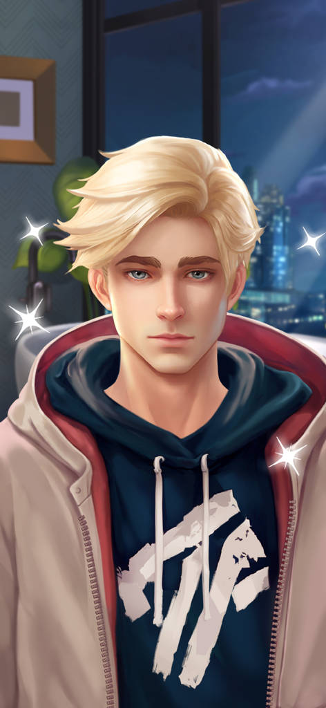 ASMR Makeover: Beauty Makeup - Un elegante personaje masculino rubio del juego ASMR Makeover Beauty Makeup con efectos brillantes.