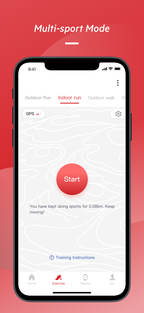 KS OS app interface showing multi sport mode and indoor run tracking