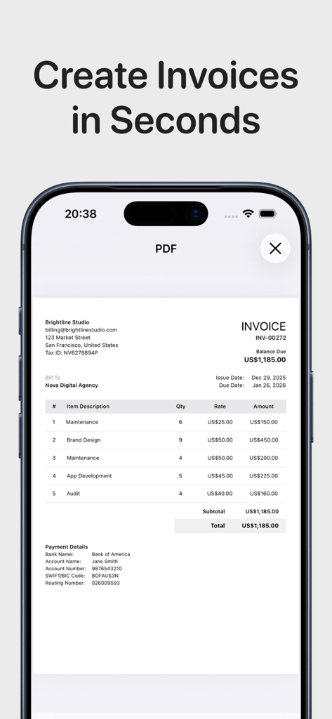 Invoice Generator & Estimates - Una vista previa de factura PDF profesional en un iPhone usando la aplicación Generador de Facturas y Presupuestos