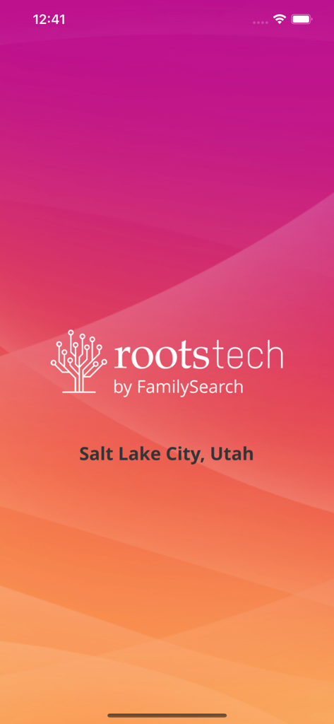 RootsTech SLC app welcome screen with logo and location Salt Lake City Utah