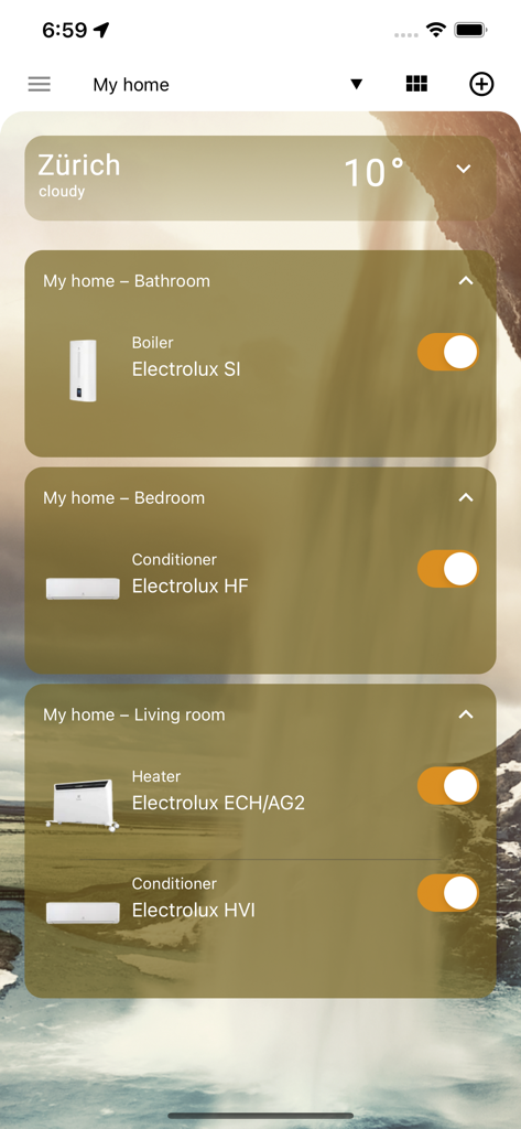 ClimatOn - Panel de la aplicación ClimatOn mostrando el estado y los controles de una caldera, aire acondicionado y calefactor en diferentes habitaciones de una casa.