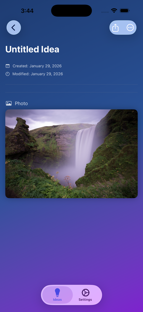 Idea Organizer AI - Detail view of a note in the Idea Organizer AI app displaying a waterfall photo