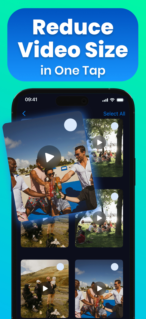 AI Phone Cleaner・Clean Storage - Interface of the AI Phone Cleaner app demonstrating the one-tap video size reduction feature to save storage.