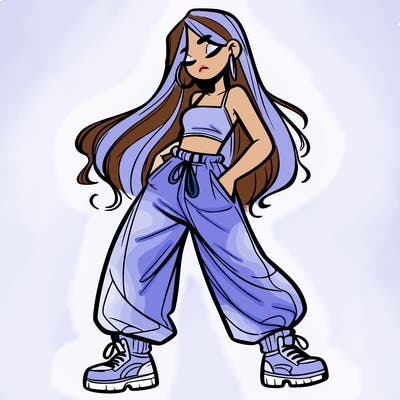 girl in baggy pants crop top and long hair