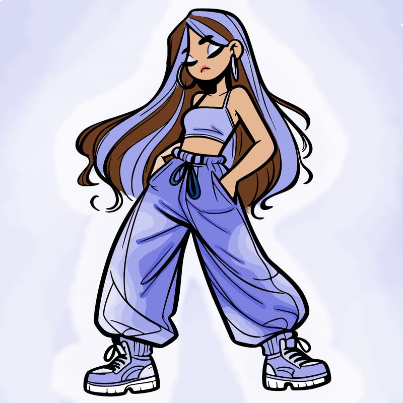 girl in baggy pants crop top and long hair