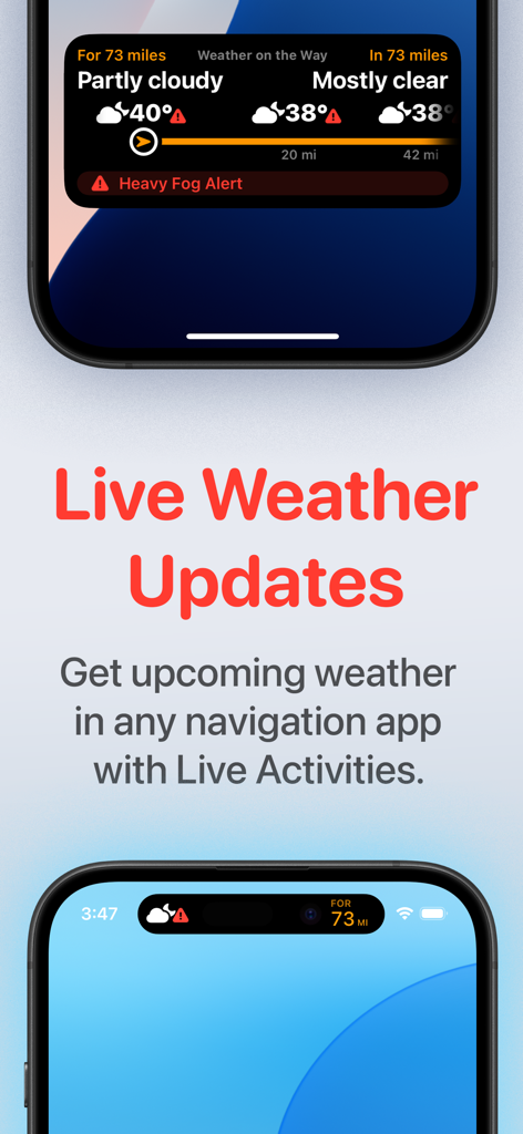 A smartphone screen displaying live weather updates and a heavy fog alert through iOS Live Activities for road trip navigation.